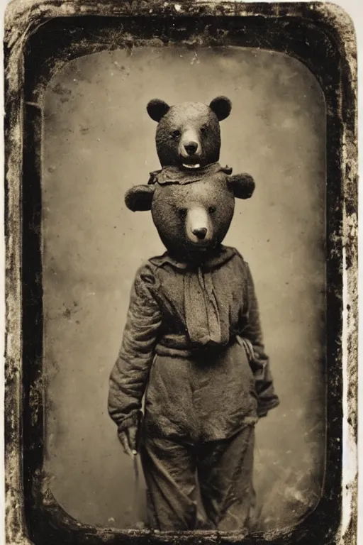 Image similar to a wet plate photo of an anthropomorphic bear dressed as a peasant