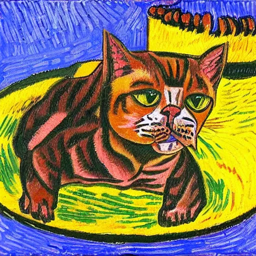 Image similar to a feline boxer fighting in a ring, in the style of vincent van gogh