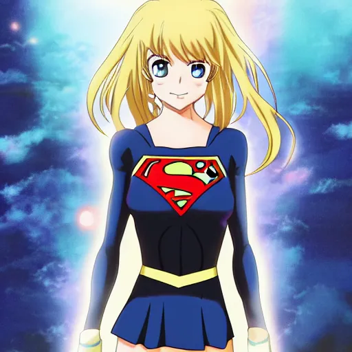 Prompt: anime visual of supergirl, heat vision eyes, official media