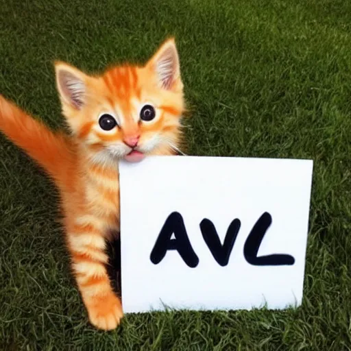 Image similar to cute fluffy orange tabby kitten with a sign that says