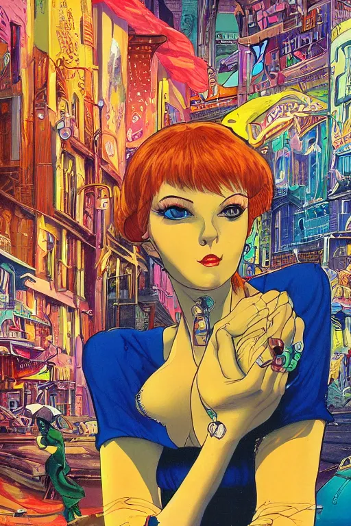 Image similar to portrait of an attractive young female protagonist, center focus, in city street, surreal, colorful, detailed artwork by ralph bakshi