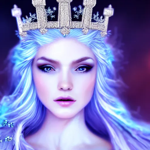 Image similar to beautiful ice queen with ornate crown and robes highly detailed, 4k, HDR, smooth, sharp focus, hyper realistic, high resolution