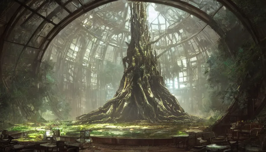 Prompt: craig mullins and ben lo illustration of colossal tree inside rapture, bioshock concept art, under glass dome, solarpunk, colorful, unreal engine, hyper realism, realistic shading, cinematic composition, realistic render, octane render, detailed textures, photorealistic, wide shot