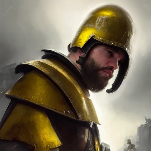 Image similar to Medium shot young idealistic and pious homely male Imperial soldier wearing a {black and yellow tabard} over a brown gambeson and a {realistic steel helm!!!!!}, by Raymond Swanland Greg Rutkowski Lise Deharm, {perfect face}, {perfect eyes}, {uncertain look}, {on edge}