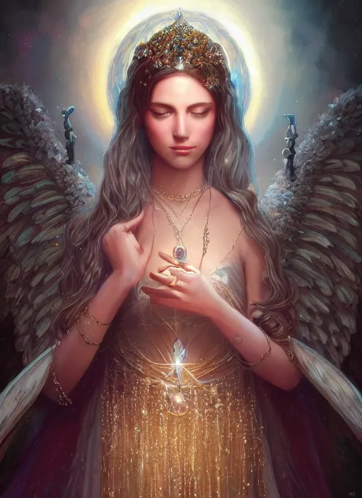 Image similar to A beautiful digital painting of a female angel full of jewels, princess, the moon behind her, intricate, cinematic lighting, highly detailed, digital painting, Artstation, concept art, smooth, sharp focus, illustration, art by Tom Bagshaw, Artgerm and Greg Rutkowski