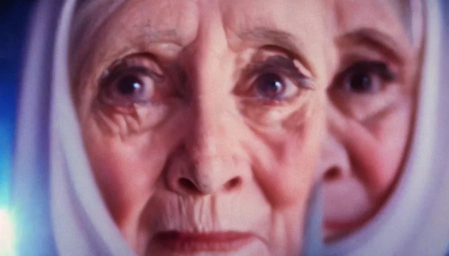 Prompt: 1 9 6 0 s movie still of a 9 0 year old lady, 2 0 0 1 a space odyssey, cinestill 8 0 0 t 3 5 mm, high quality, heavy grain, high detail, panoramic, cinematic composition, dramatic light, ultra wide lens, anamorphic, flares