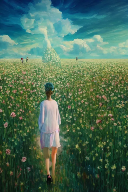 Image similar to giant white flower head, girl walking in a flower field, surreal photography, sunrise, dramatic light, impressionist painting, colorful clouds, digital painting, artstation, simon stalenhag