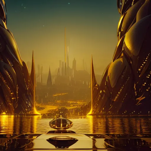 Image similar to a golden fantasy sci fi luxurious city with cerulean oceansides and a starry sky at nighttime, scandinavian / norse influenced, cinematic, ray traced, octane render, cinematic lighting, ultrarealistic, featured on artstation, 8 k uhd artwork