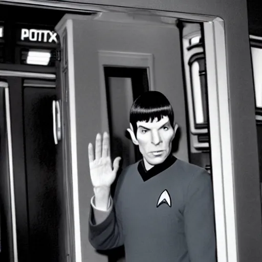 Prompt: photo of mr spock, mr spock star trek exiting!! the tardis!!!