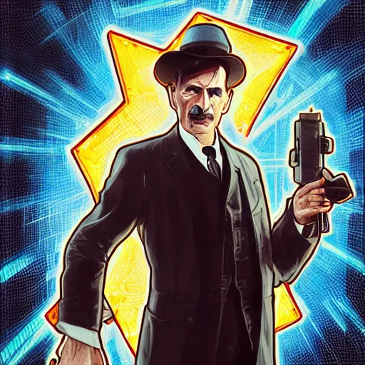 Image similar to [UHD Nikola Tesla as a GTA character on the streets of futuristic laserpunk Dallas, holding a wicked ray gun, correct face, intricate facial details, symmetrical face, elegant, graphic detail, digital painting, trending on artstation, concept art, tonalism, sharp focus, illustration, art by Akira Toriyama and Greg Rutkowski and Alphonse Mucha]