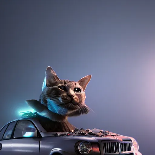 Image similar to digital render. aesthetics. handsomely. handsome half - man half - cat in work clothes. car dump with the remains of broken robots. anthropomorphic cats in the middle of a car dump. artstation trend, 4 k. wow. octane render. vray
