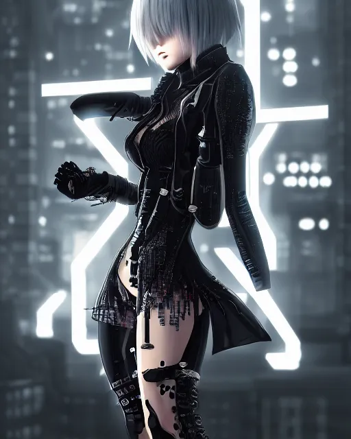 Prompt: a portrait of a evil yorha dancing techno - style, cyberpunk concept art, trending on artstation, highly detailed, intricate, sharp focus, digital art, 8 k