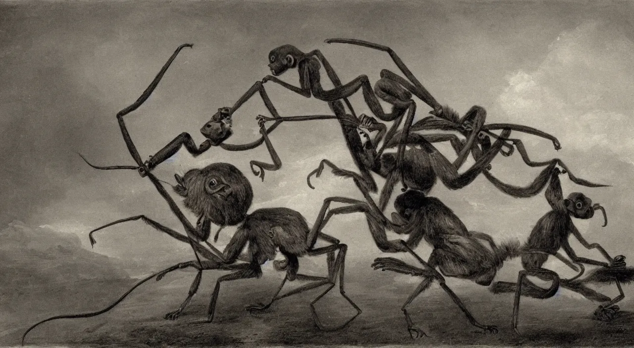 Prompt: a monkey riding a giant ant, by most renowned artist of the romanticism, hiperrealism,