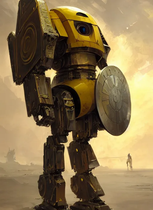 Image similar to human-sized strong intricate yellow pit droid carrying beautiful paladin greatsword and beautiful large paladin shield, pancake short large head, exposed metal bones, painterly humanoid mecha, by Greg Rutkowski