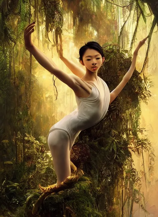 Image similar to stunningly beautiful, asian prima ballerina in jungle, symmetrical face, golden hour, smooth, focus, highly detailed, hyper realistic, dramatic lighting, elegant, intricate, concept art, art by wlop, mars ravelo, greg rutowski