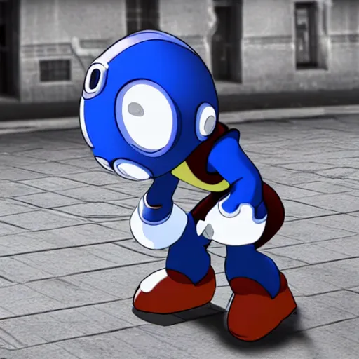 Image similar to megaman begging for food on the street, photorealistic