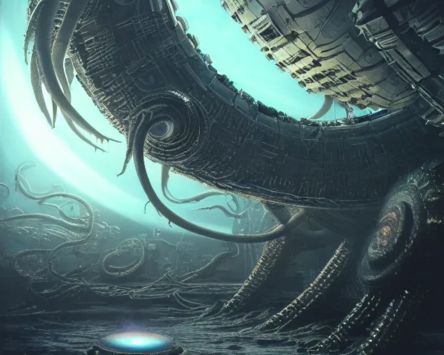 Image similar to a giant cosmic space kraken attacking an orbital space station, hyper realistic, volumetric lighting, intricately detailed, cosmic horror, Art station, Epic scale, art by Greg Rutkowski, art by Ruth Asawa, art by Ted Nasmith, art by H.R. Giger, Octane render, Unreal Engine 3D