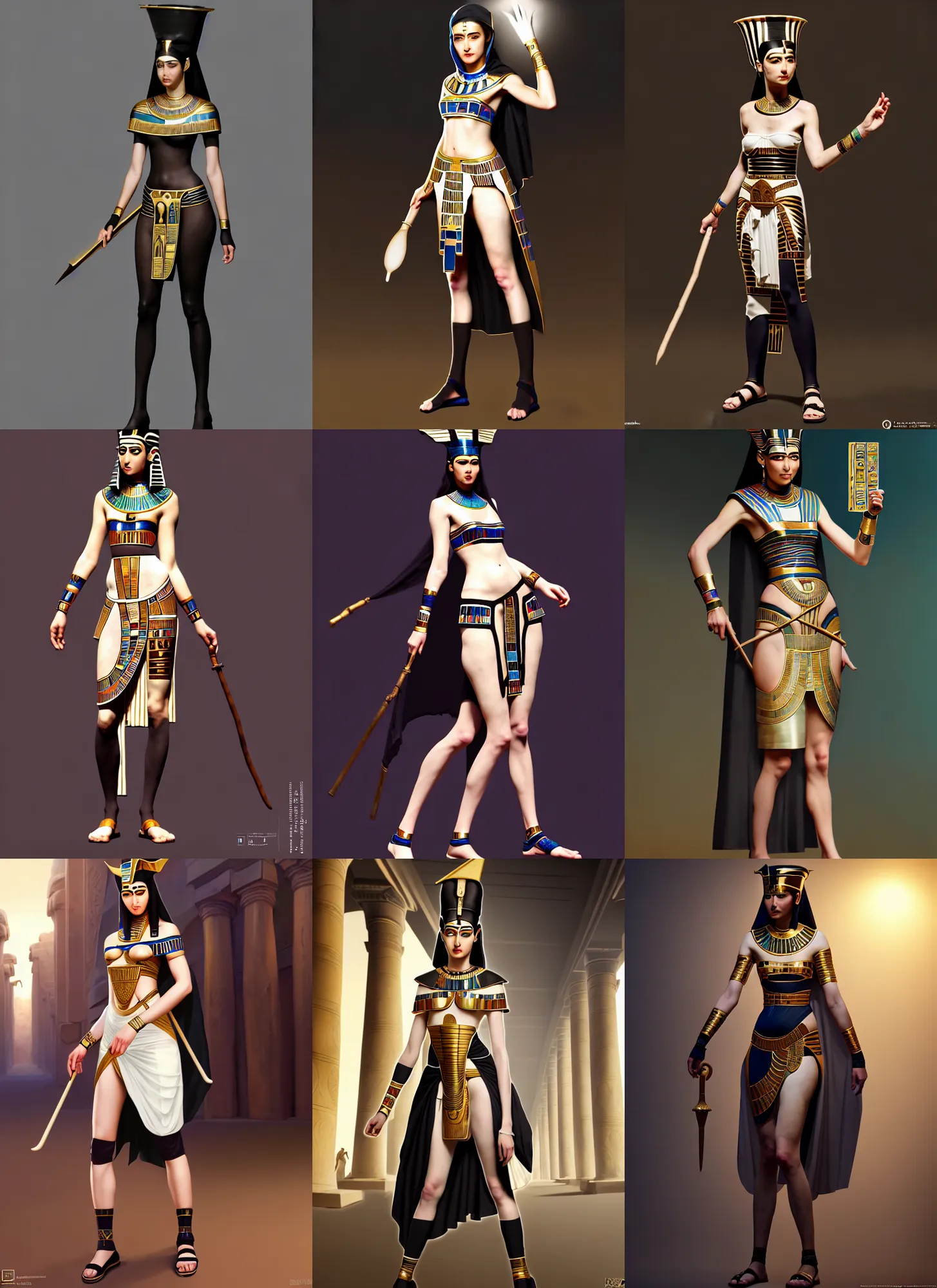 Prompt: costume design from ancient egyptian designers, sophisticated composition, old masters light composition, procedurally generated, epic maid girl character posing for concept art, gothic city streets behind her, substance designer, PBR, HD, Ultra detailed, hyperrealistic, megascans, volumetric light, concept by master artist, made in paint tool SAI2, trending pixiv face