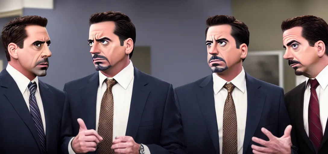 Image similar to a very high resolution image of tony stark with micheal scott. from an episode of the office. photorealistic, photography