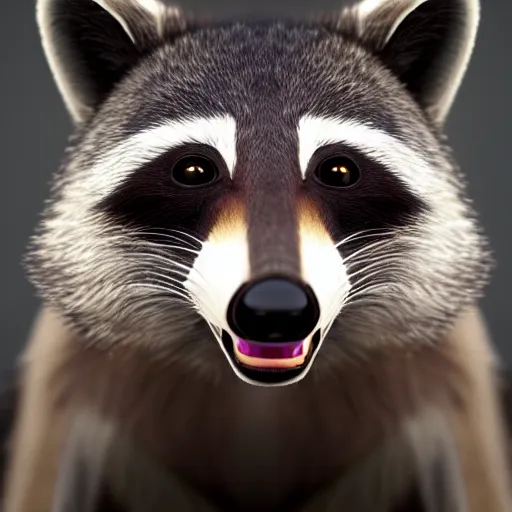 Image similar to a hyperrealistic octane render of a raccoon with a camera lens for a nose, photorealism, unreal engine, dramatic lighting, volumetric lighting, uplighting