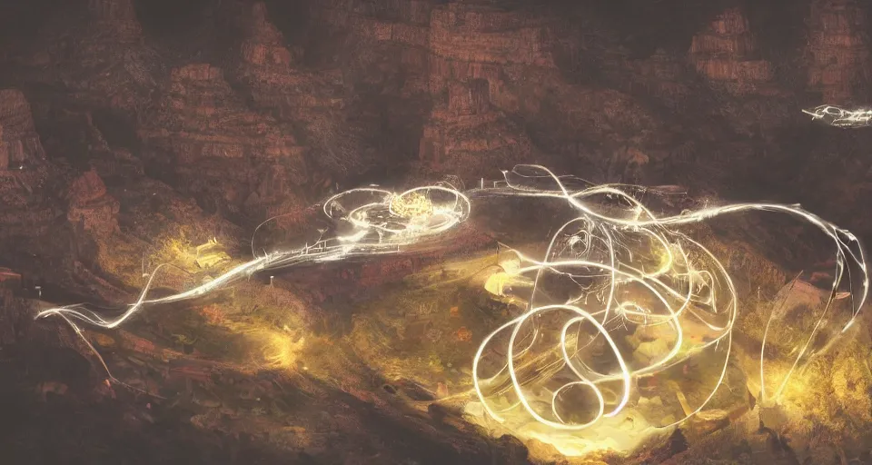 Image similar to miniature installation, macro photography, night, a lot of people and a spiral - shaped white luminous attractor is floating in grand canyon, concept art, art for the game, professional lighting, art