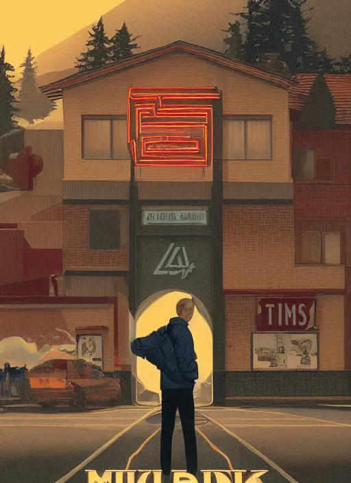 Prompt: Twin Peaks poster artwork by Michael Whelan and Tomer Hanuka, Rendering of Ryan Gosling in letterman jacket standing near the old high school from scene from Twin Peaks, full of details, by Makoto Shinkai and thomas kinkade, Matte painting, trending on artstation and unreal engine