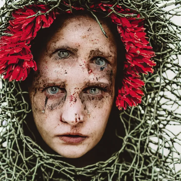 Prompt: closeup portrait of a woman wearing a hooded cloak made of zinnias and barbed wire, in a derelict house, by Terry Richardson, natural light, detailed face, CANON Eos C300, ƒ1.8, 35mm, 8K, medium-format print