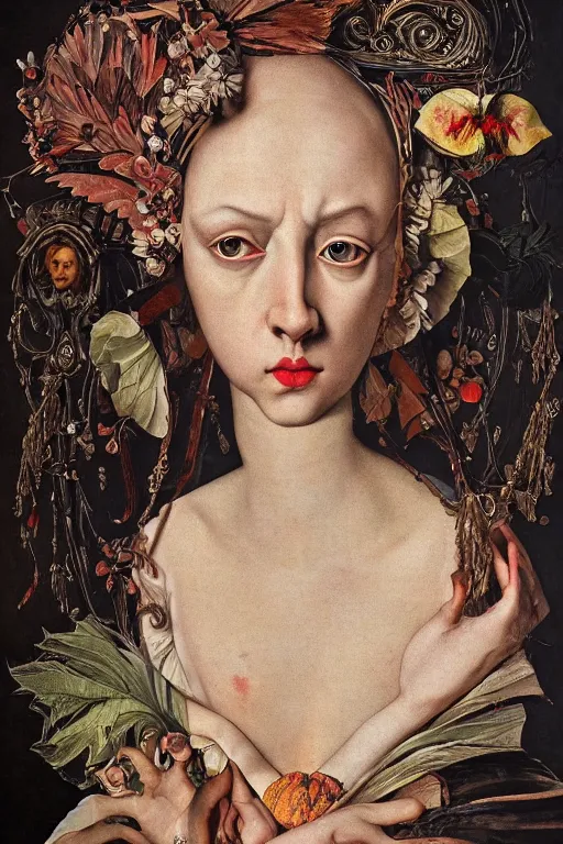 Image similar to Detailed maximalist portrait with large lips and with large eyes. HD mixed media, 3D collage, highly detailed and intricate illustration in the style of Caravaggio, dark art, baroque