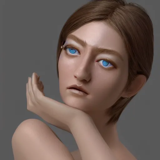 Prompt: 3 d render, hyper detailed, realistic female face and shoulders, white porcelain, fine facial features, white eyes and eyelashes, 8 k, 1 5 0 ml lens, elegant, white background pastel blue lighting, octane render, volumetric lighting - h 7 0 4