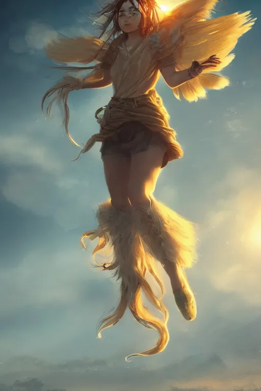 Prompt: beautiful young wind spirit, golden hour, full body, post apocalyptic setting, medium shot, mid-shot, highly detailed, trending on Artstation