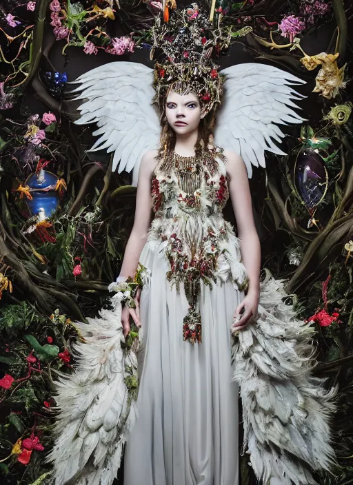 Image similar to full body environmental portrait photo of anya taylor - joy as angel, ornate headpiece made from flowers, ornaments, glamour shot by gemmy woud - binnendijk, chris knight, photorealistic, canon r 3, fashion photography, ornate, elegant, luxury and elite, symmetrical features, octane render, unreal engine, solid dark grey background, dramatic lights