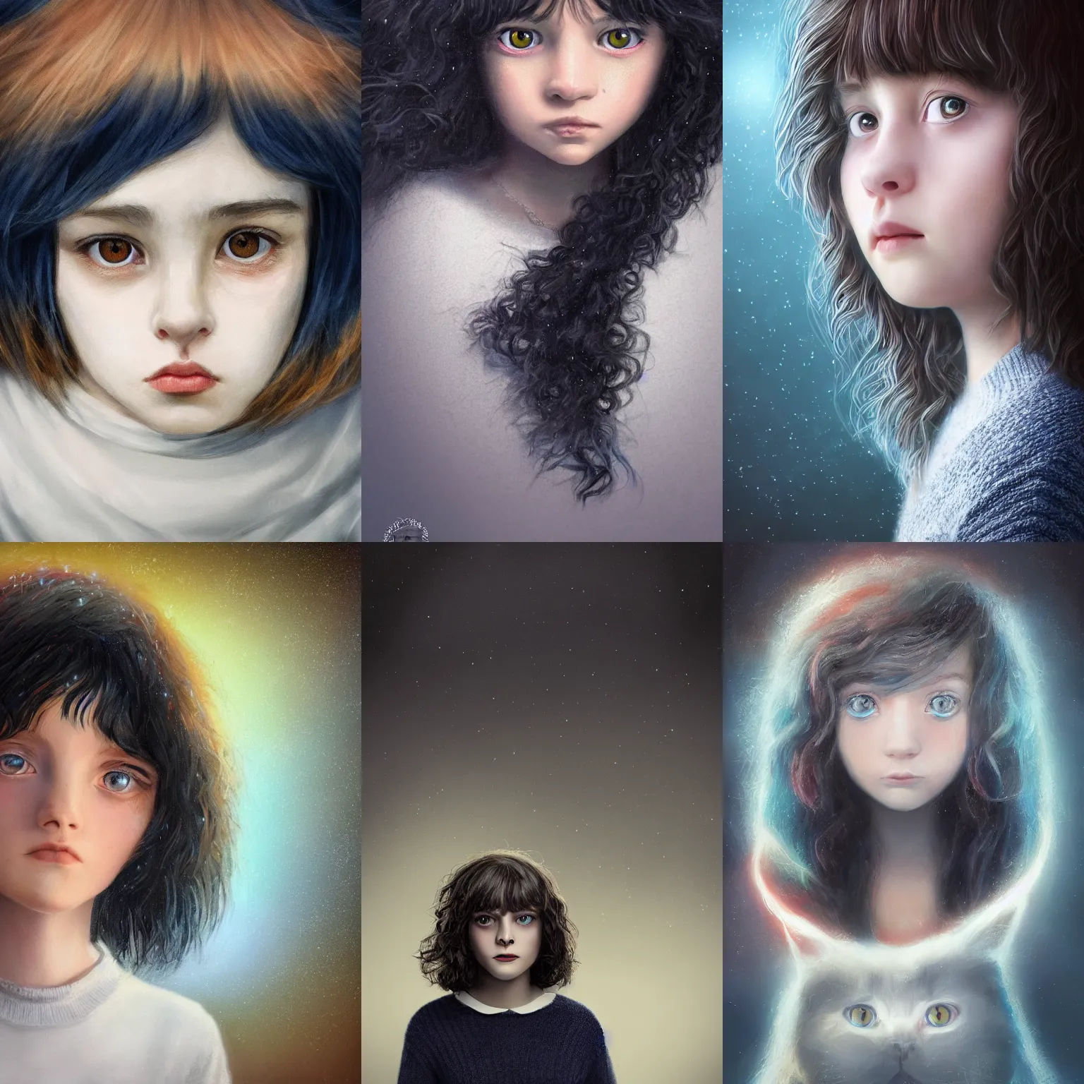 Prompt: portrait art of a twelve years old girl with orange eyes, dark blue bob cat length curly dark blue dyed hair with a thoughtful expression wearing a black sweater with white eyes ornament 8k ultra realistic, lens flare, atmosphere, glow, detailed,intricate, full of colour, cinematic lighting, trending on artstation, 4k, hyperrealistic, focused, extreme details,unreal engine 5, cinematic, masterpiece