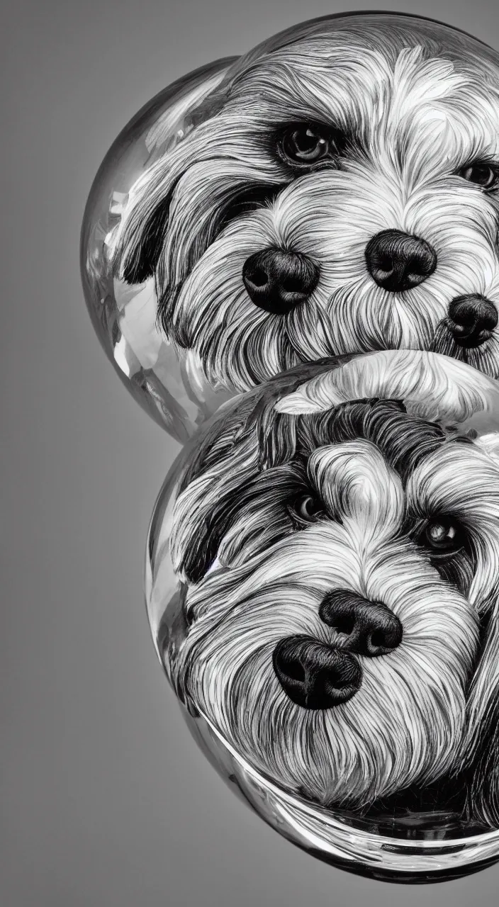 Prompt: self - portrait of one havanese dog reflected in a chrome sphere, ultra wide 1 0 mm, by m c escher pen and paper