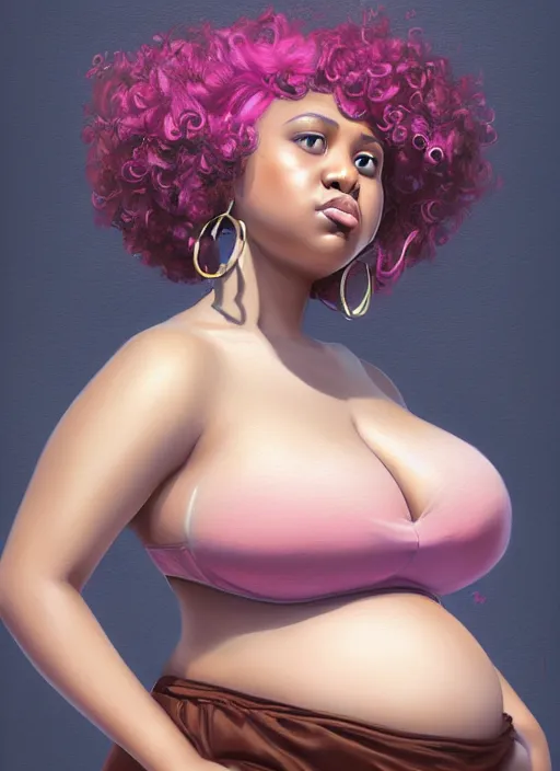 Image similar to full body portrait, teenage vanessa morgan, pink hair, brown skin, obese, curly pixie hair, sultry, realistic, short hair, hoop earrings, skirt, shirt, fat, belly, intricate, elegant, highly detailed, digital painting, artstation, concept art, smooth, sharp focus, illustration, art by wlop, mars ravelo and greg rutkowski