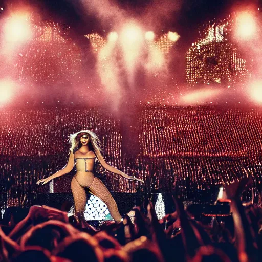 Prompt: Beyonce giving a concert, EOS 5D, ISO100, f/8, 1/125, 84mm, RAW Dual Pixel, Dolby Vision, HDR, AP, Featured