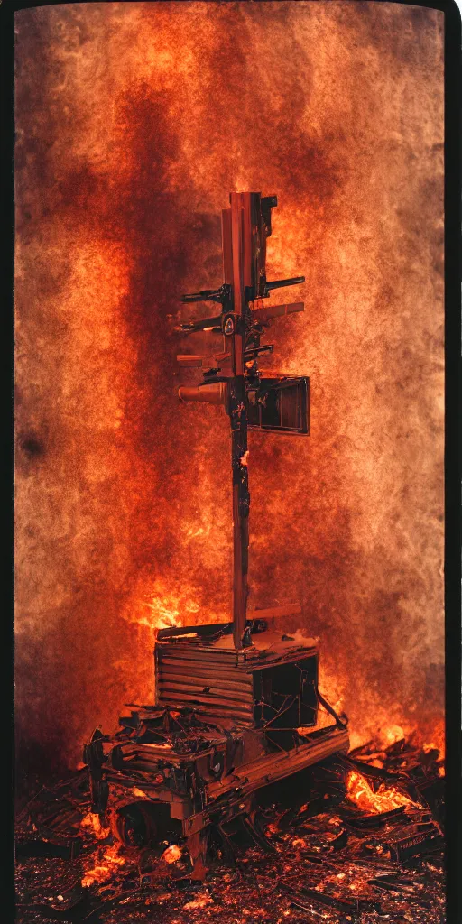 Prompt: kodak portra 4 0 0, wetplate, 8 k, shot of a highly detailed jesus gun rack explosion accident osmium copper oxygen rich fire