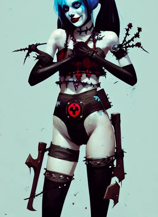 Image similar to portrait of cute goth harley quinn girl with crown of thorns in cyber bikini armor, warhammer, cyberpunk, by atey ghailan, by greg rutkowski, by greg tocchini, by james gilleard, by joe gb fenton, by kaethe butcher, dynamic lighting, gradient light blue, brown, blonde cream and white color in scheme, grunge aesthetic