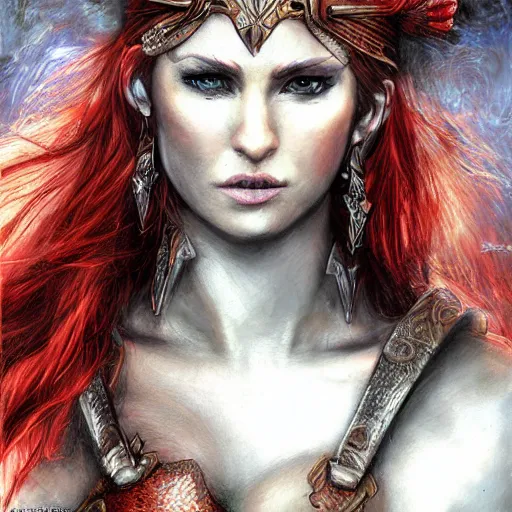 Image similar to vuloptuous female warrior, hyper realistic, in the style of luys royo
