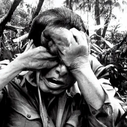 Prompt: trump crying in a jungle, vietnam war