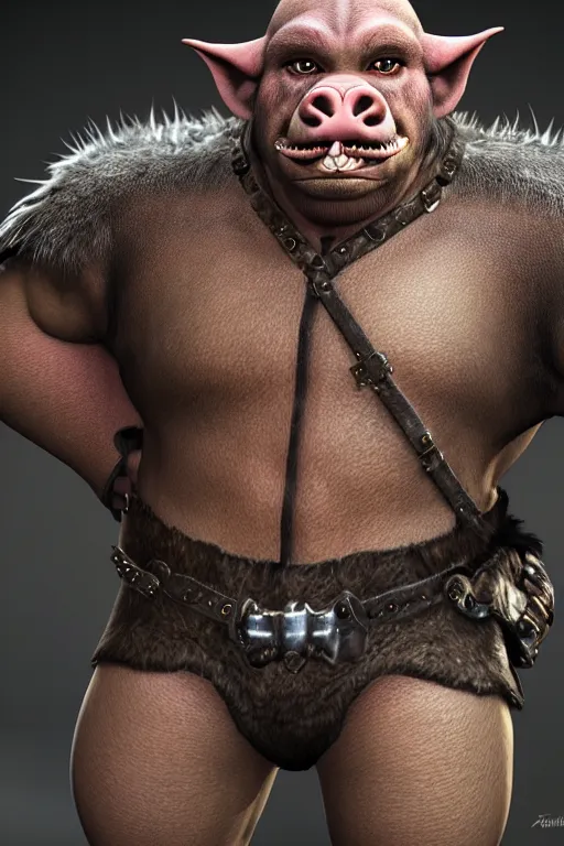Prompt: A full body shot of a handsome orc-((pig)) looking into the camera wearing a leather fur jacket and boots, full body shot, detailed face, portrait, artstation, realistic, highly detailed, symmetrical, D&D, Dungeons & Dragons, hyper realistic, dynamic pose, high detail, octane render, unreal engine, 8k, fantasy art, highly detailed, concept art