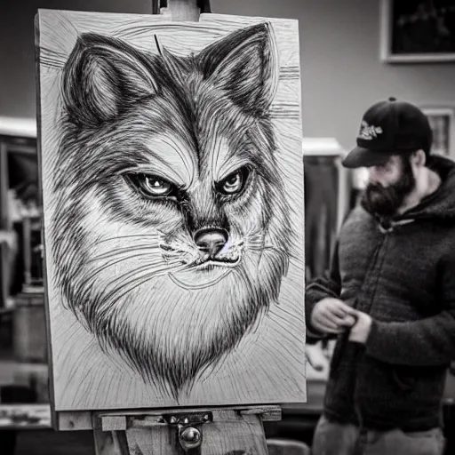 Image similar to photo portrait of drunk hobo artist drawing furries for booze, symmetry, awesome exposition, very detailed, highly accurate, intricate, professional lighting diffracted lightrays, 8 k, sense of awe