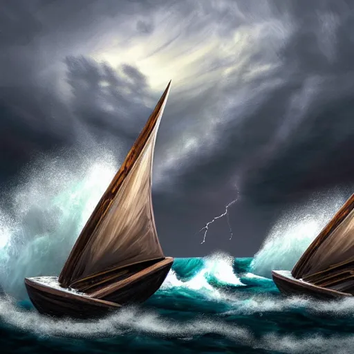 Image similar to a fleet of ancient trojan sailboats, amidst crashing waves and huge looming rocks, whirlpool, trireme, skiff, wooden sailboats, grim, lightning flashes, sky swirling with black wind, dark sky, dramatic, realistic, detailed, ancient, artstation, artgerm, digital painting