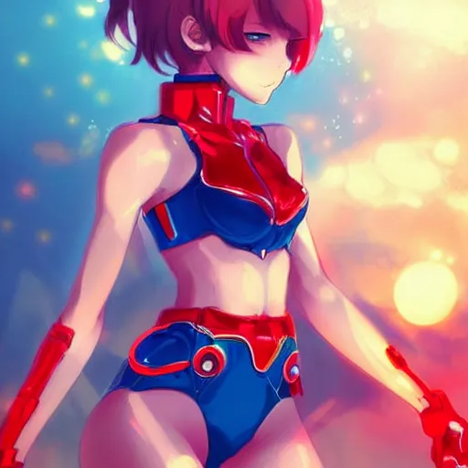 Image similar to digital anime art, cute girl, red mech arms and red mech legs, blue watery eyes!!!, gold short hair!!!, red bikini, full body!!!, wlop, rossdraws