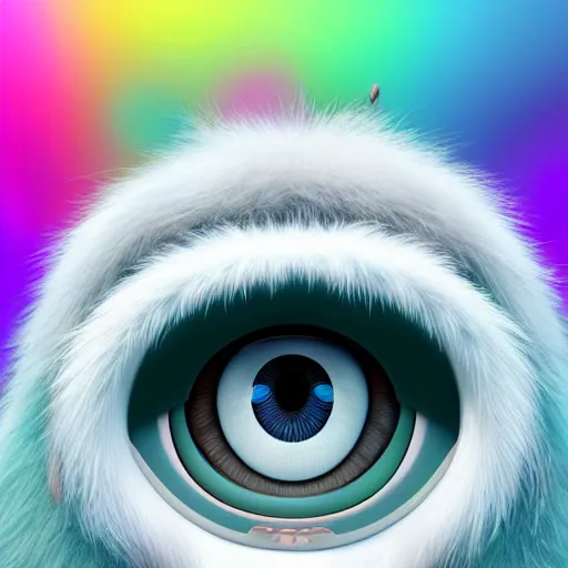 Image similar to close up portrait of a cute fluffy alien with huge reflective eyes :: fur, lots of fur, fluffy, adorable, cel shading, toon shading, disney, pixar, dreamworks, disney animation style, pixar animation style, dreamworks animation style, muted colors, dull colors, pastel colors, lots of colors, colorful
