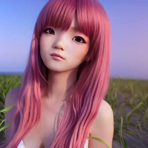 Prompt: Render of a beautiful 3d anime woman, long light pink hair, full bangs, hazel eyes, cute freckles, full round face, soft smile, Chinese heritage, cute checkerboard sundress, golden hour, serene beach setting, medium shot, mid-shot, hyperdetailed, trending on Artstation, Unreal Engine 4k