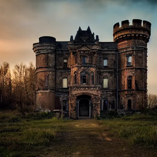 Prompt: 8 k film still, hyperdetailed matte panting of a castle in the style of dylan cole, cinematic, derelict, overgrown, golden hour.