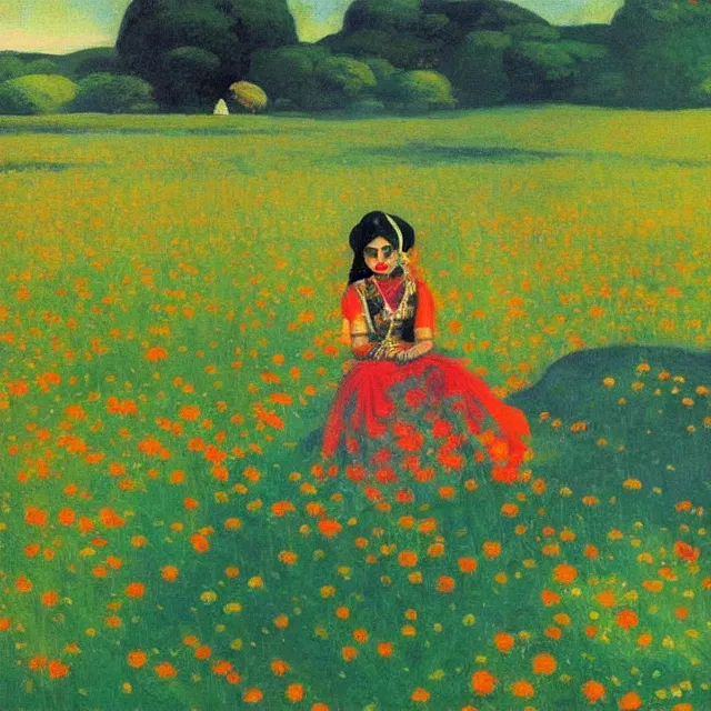 Image similar to hindu goddess kaali in distance looking at you in beautiful meadow of flower, detailed painting by edward hopper