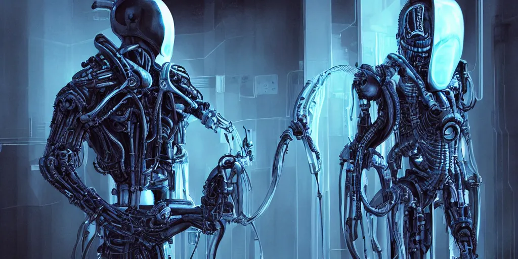 Image similar to the son of the pope as a futuristic xenomorphic cyborg, foating in a isolation cryogenic tubes, cyberpunk, biomechanical, night lighting, blue color, intricate details, hyper realistic, graphic novel color scheme