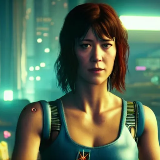 Prompt: film still of mary elizabeth winstead in cyberpunk 2 0 7 7 ( 2 0 2 4 )