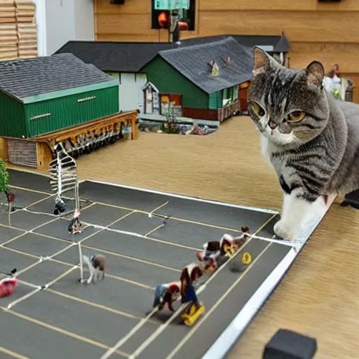 Image similar to a huge model railroad scene built on top of a ping pong table, it is being attacked by many cats,